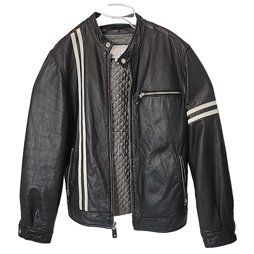 Wilsons Leather M Julian Mens M Black Cafe Racer Motorcycle Jacket Striped